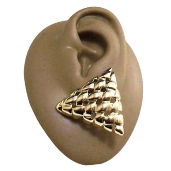 Triangle Basketweave Disc Pierced Stud Earrings Gold Tone - Picture 1 of 4